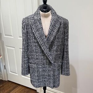 Mango Black and White Tweed Long Blazer Jacket Coat M